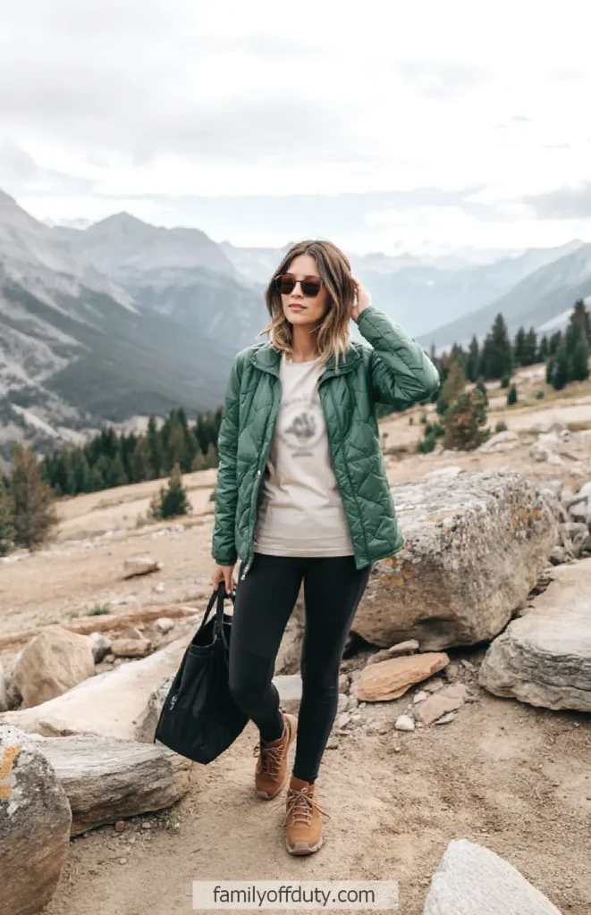 Woman hiking in mountain landscape, wearing a green jacket and boots, holding a black bag.