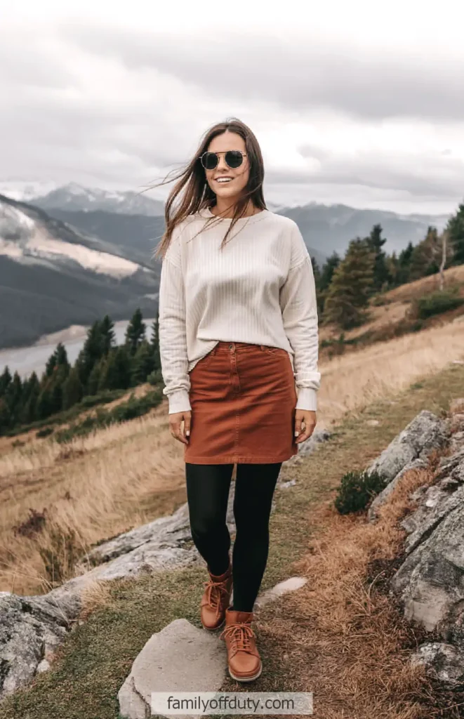 Smiling woman in autumn outfit walking in mountain landscape, wearing sunglasses.