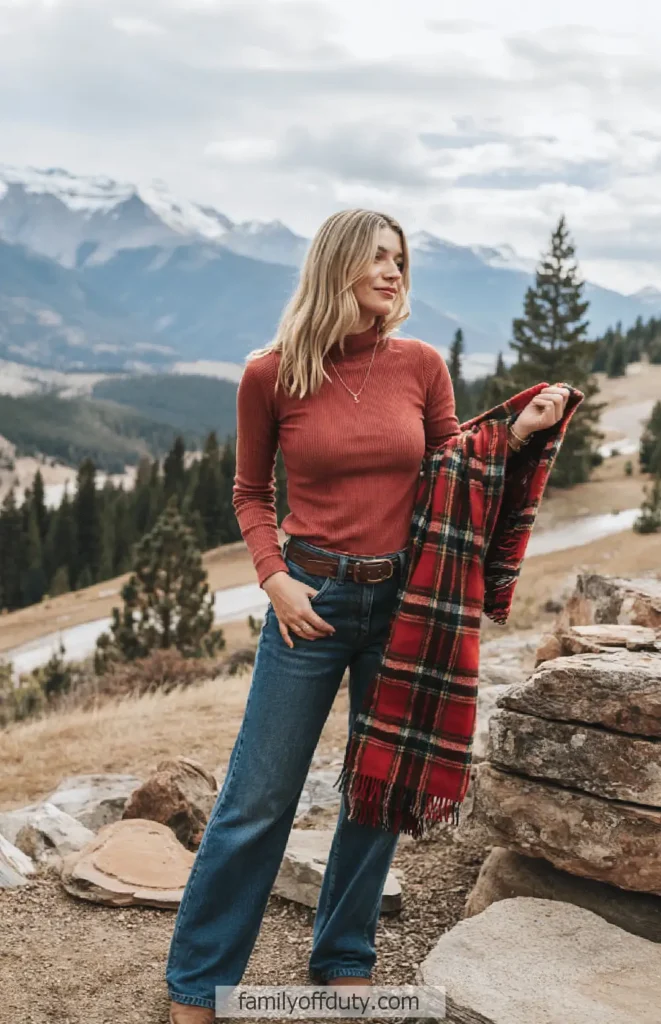 Woman in autumn outfit holding plaid scarf in scenic mountain landscape.