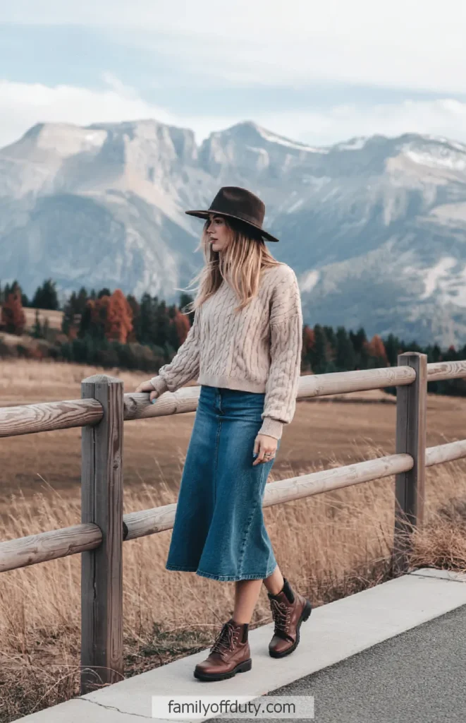 Woman in hat and sweater walking by mountain fence, casual autumn fashion.