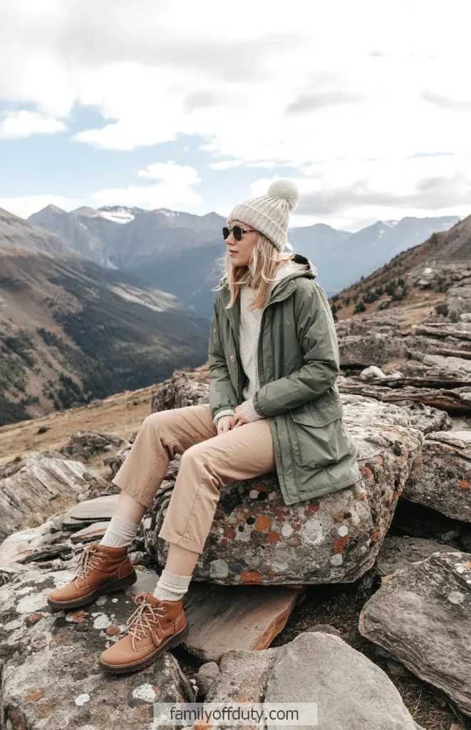 Woman in winter attire sitting on rocky mountain, scenic view.