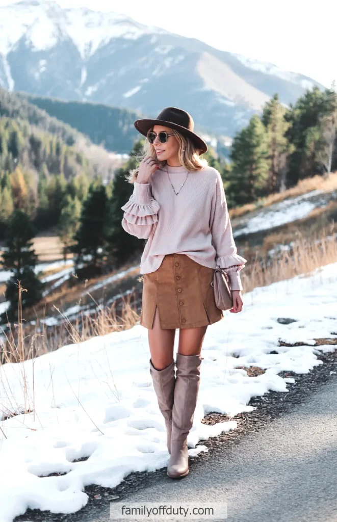 Fashionable woman in chic outfit and hat, enjoying scenic snowy mountain view, showcasing cozy winter style.