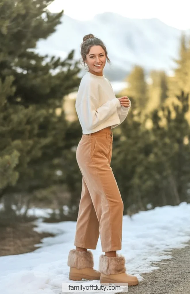 Woman in winter fashion outfit smiling outdoors amidst snowy landscape and pine trees.