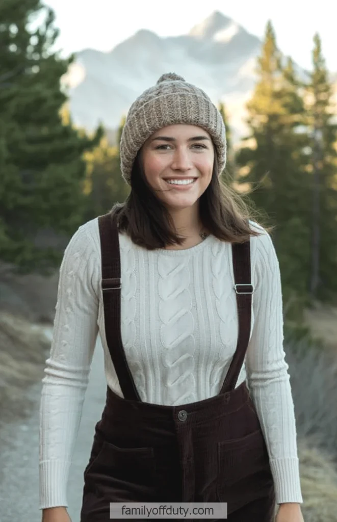 Woman in beanie and suspenders smiles outdoors with mountain and forest backdrop.