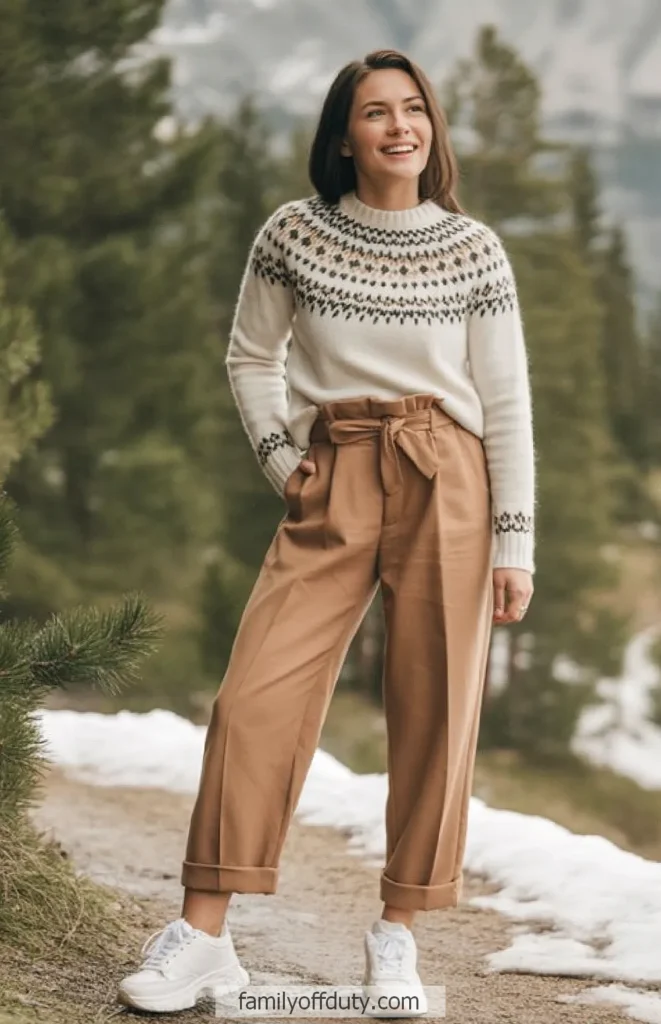 Woman outdoors in winter outfit with patterned sweater and tan pants, smiling in forest setting.