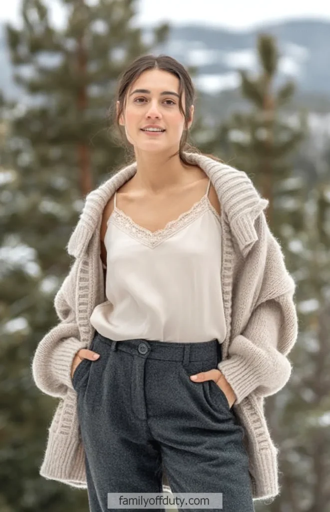 Cozy winter fashion: Woman in a beige sweater and lace top against a snowy forest backdrop.
