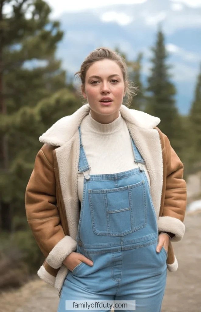 Woman in denim overalls and a shearling jacket outdoors in nature.