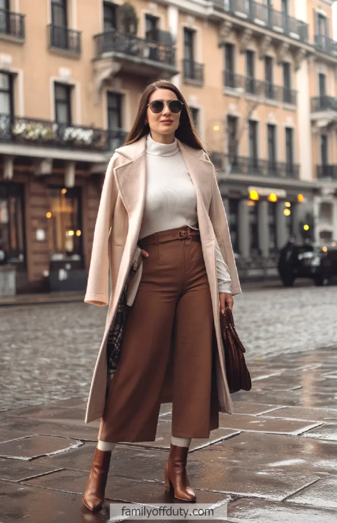 Woman in stylish fall outfit, beige coat, and sunglasses, walking on a cobblestone street.