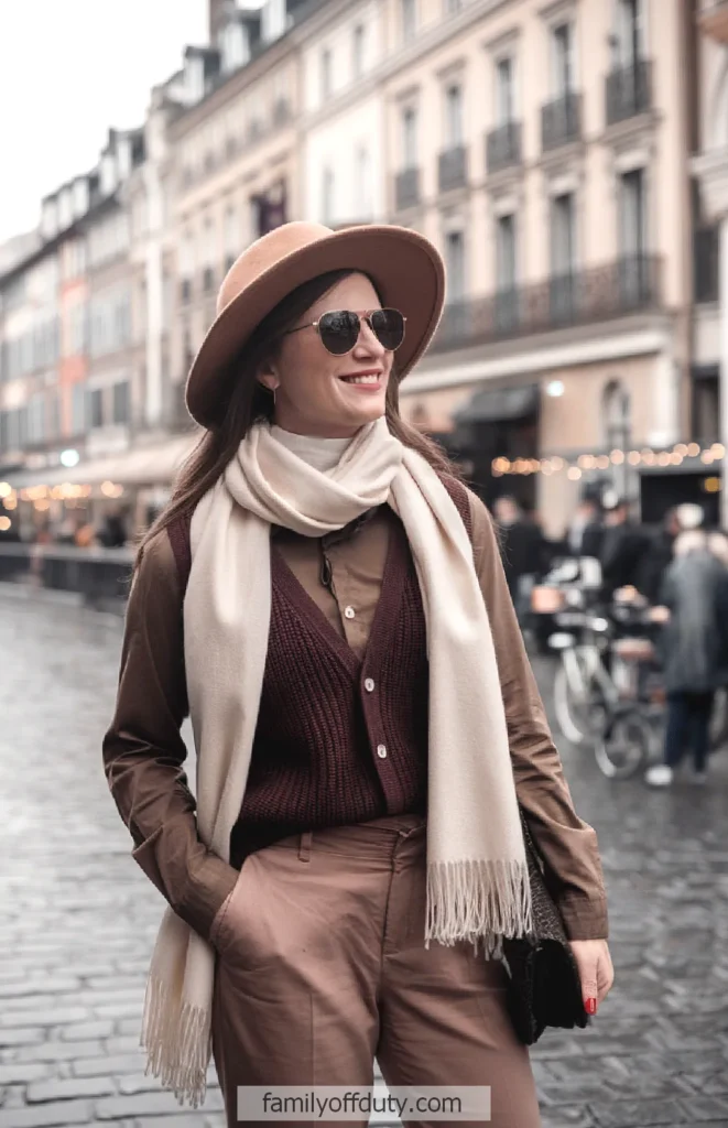 Stylish woman in sunglasses, hat, and scarf enjoying a walk in a city street with elegant buildings.