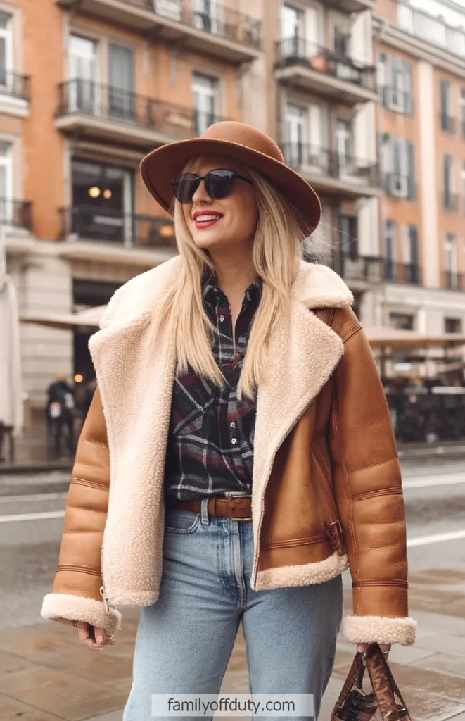 Woman in stylish autumn outfit with hat and shearling jacket, smiling in an urban setting.