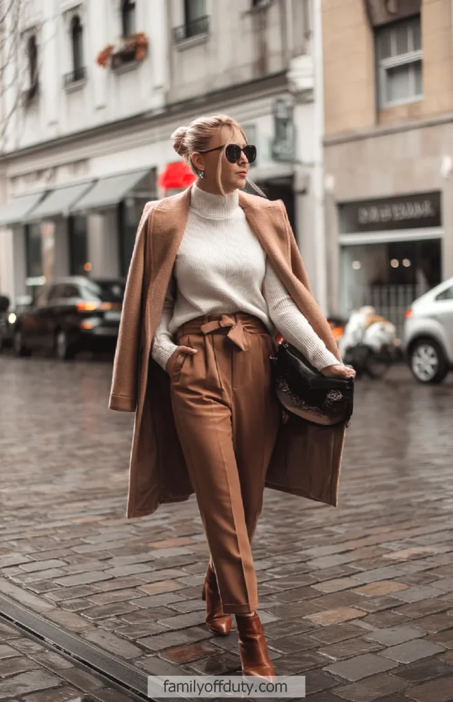 Stylish woman in a tan coat and pants walks on a cobblestone street with modern city backdrop.