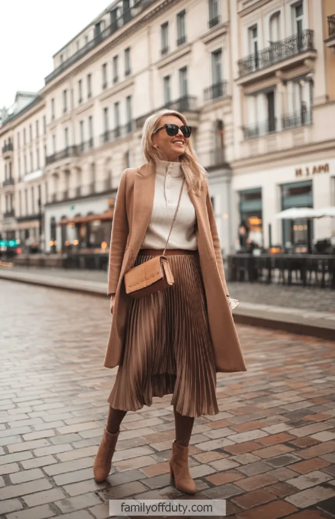 Stylish woman in a city wearing a camel coat, white sweater, pleated skirt, and sunglasses on a cobblestone street.