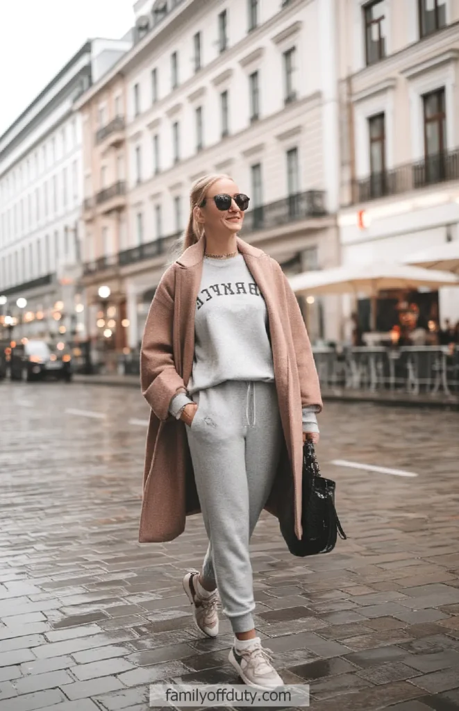 Stylish woman in urban setting, wearing a cozy brown coat and gray sweats, accessorized with sunglasses and sneakers.