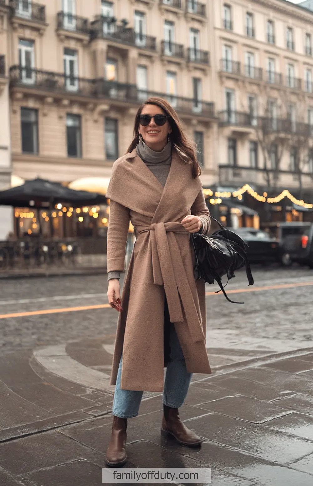Europe december outfit ideas. Stylish woman in long coat and sunglasses walking on wet city street.