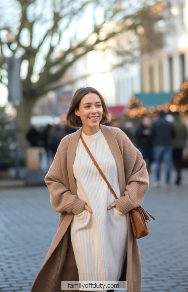 Smiling woman in cozy coat and dress strolls through a festive market setting.