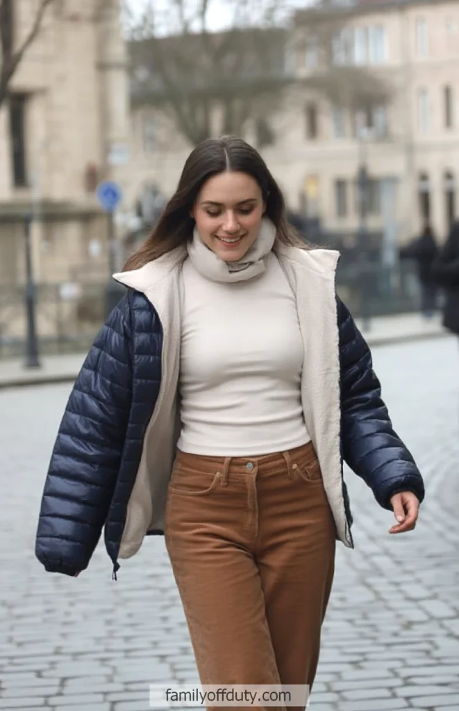 Smiling woman in winter outfit walking on cobblestone street in city.