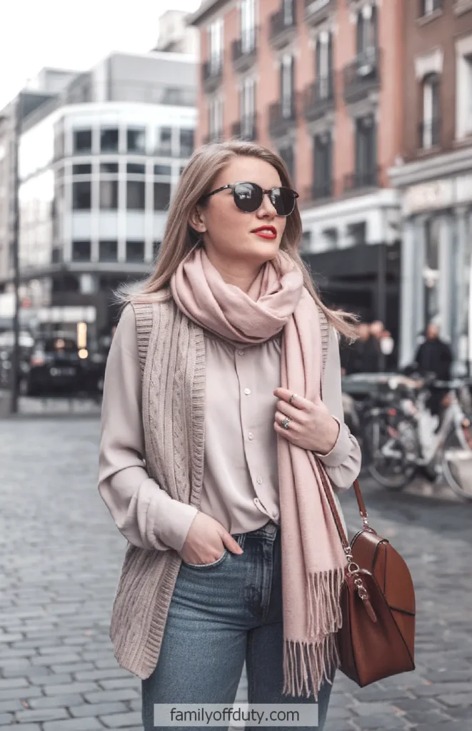 Stylish woman in sunglasses and scarf walking through urban street, wearing casual fashion and carrying a leather handbag.