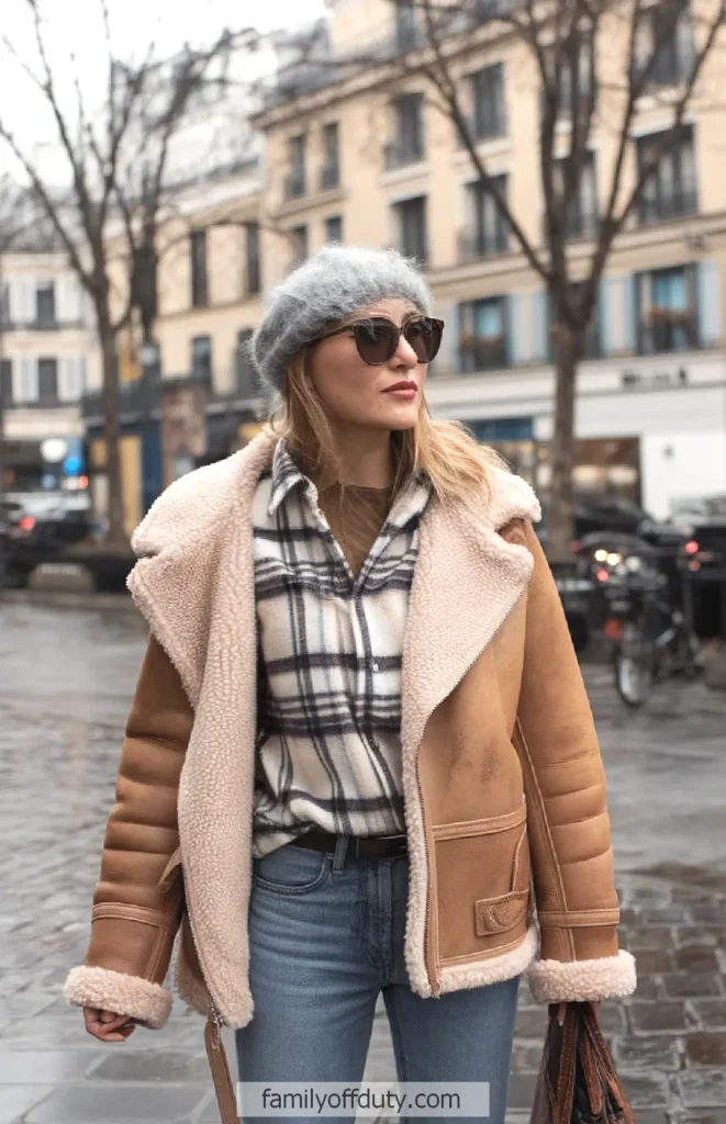 Stylish woman in a shearling jacket and beret walking on a city street in winter.