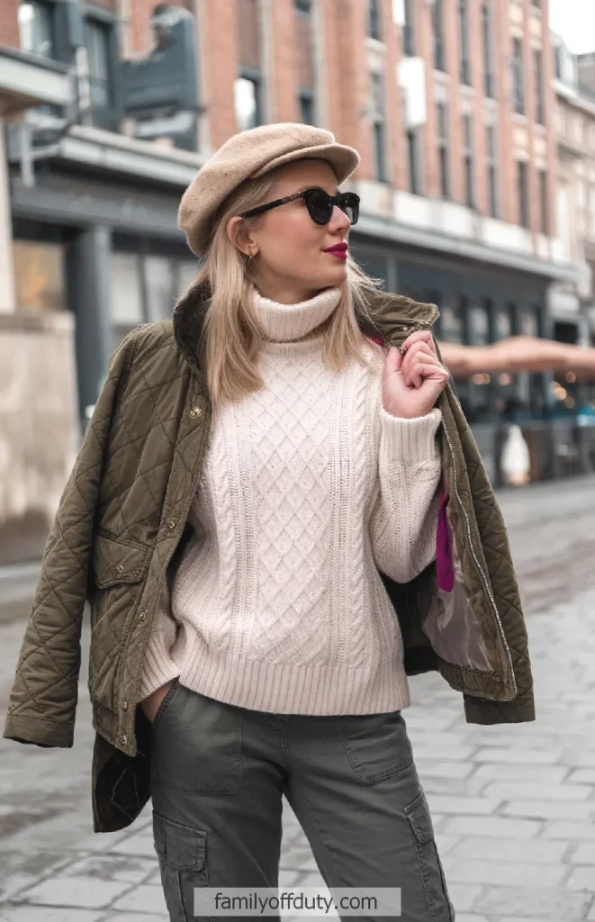 Stylish woman in knit sweater and beret on city street, posing confidently in autumn fashion.