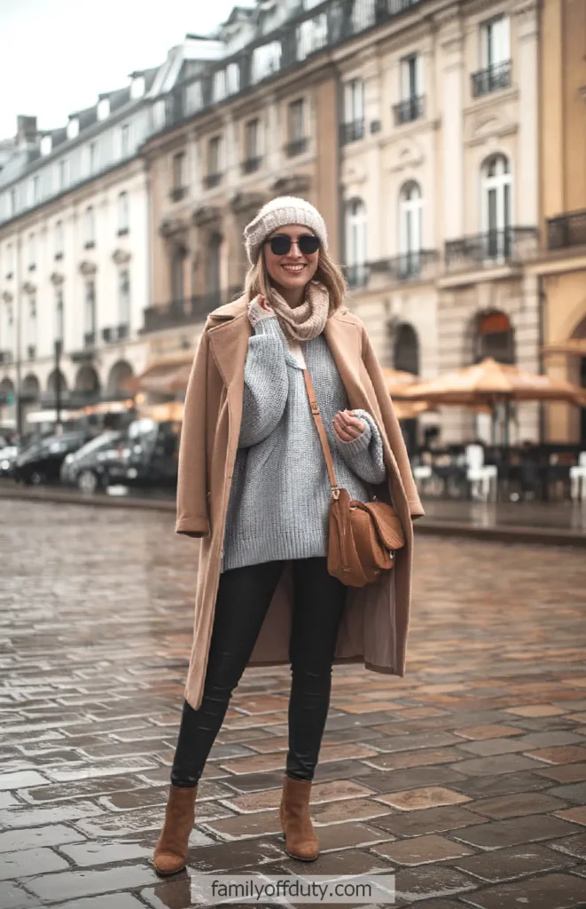 Stylish woman in winter outfit posing on cobblestone street in front of historic European architecture.