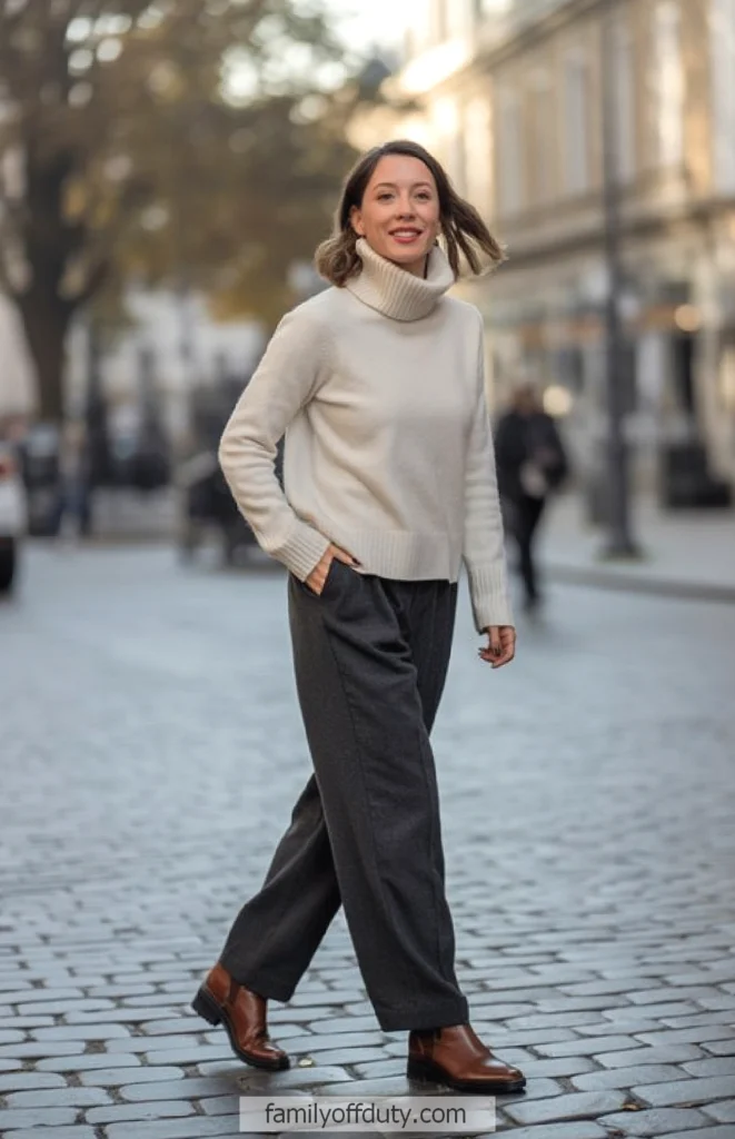 Europe november outfit ideas. Woman in cozy turtleneck sweater and trousers enjoys a walk on a cobblestone street, embracing autumn vibes.