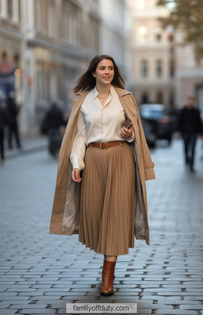 Woman in beige pleated skirt and coat walking on city street, smiling in casual chic outfit.
