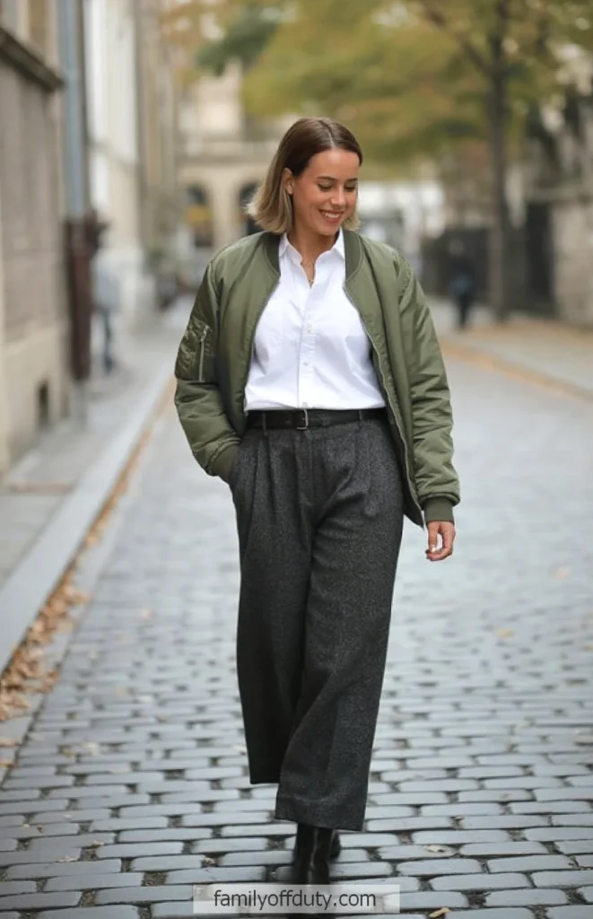 Woman in green jacket and gray trousers walking on cobblestone street, smiling in casual autumn outfit.