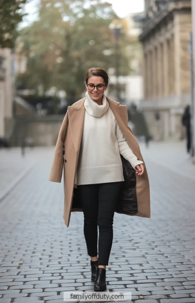 Woman walking confidently in stylish fall outfit: beige coat, white sweater, black pants, and boots on a cobblestone street.