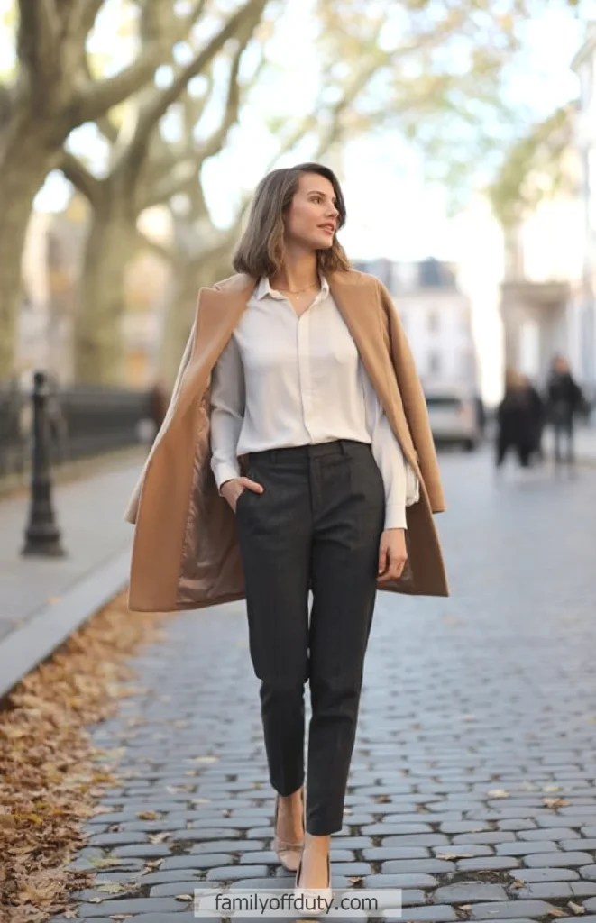 Woman walking on cobblestone street in autumn outfit with camel coat and white blouse.