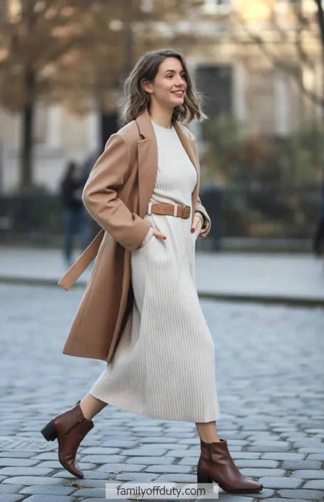 Smiling woman in a beige coat and dress walking confidently on a cobblestone street during autumn.