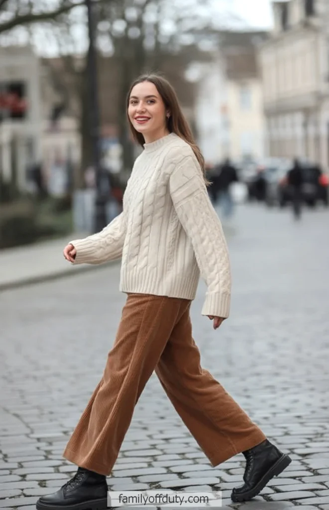 Smiling woman in cozy sweater and corduroy pants walking on cobblestone street.
