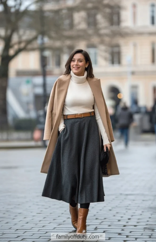 Woman in stylish winter outfit with beige coat, gray skirt, and brown boots walking on a city street.