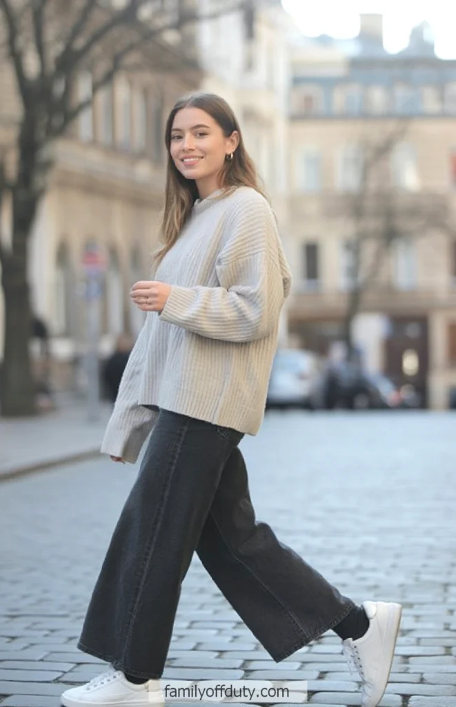 Smiling woman walking in city street wearing a gray sweater and dark jeans, showcasing casual urban fashion.