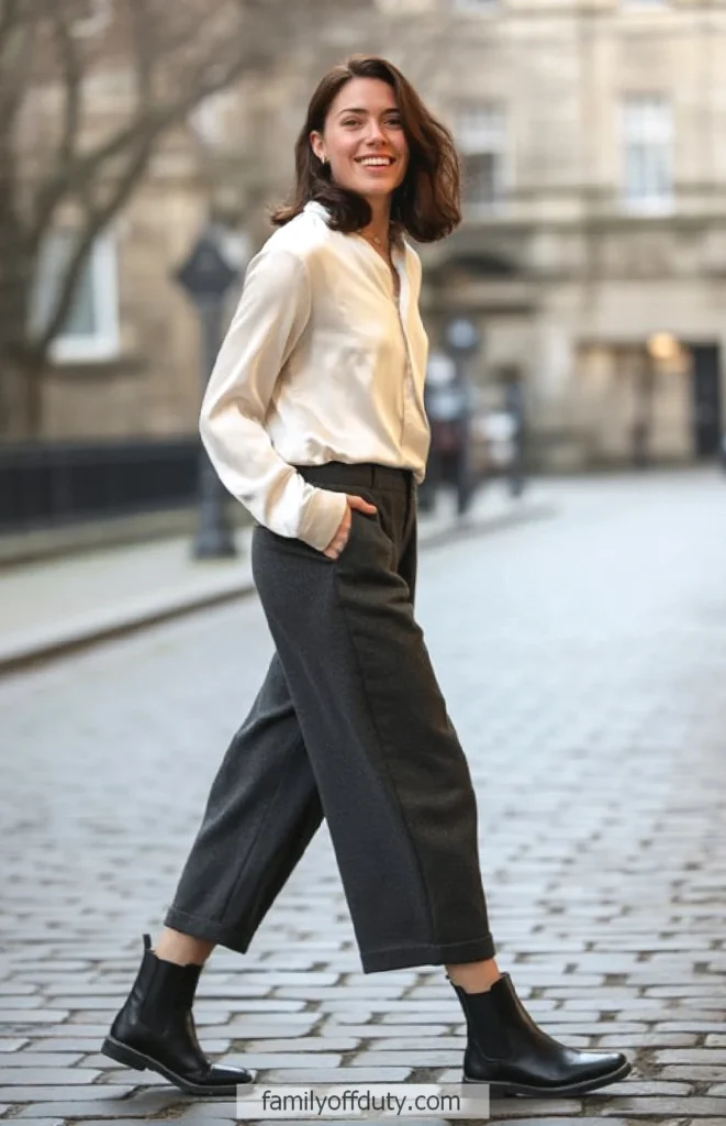 Smiling woman in white blouse and gray pants walking on cobblestone street.
