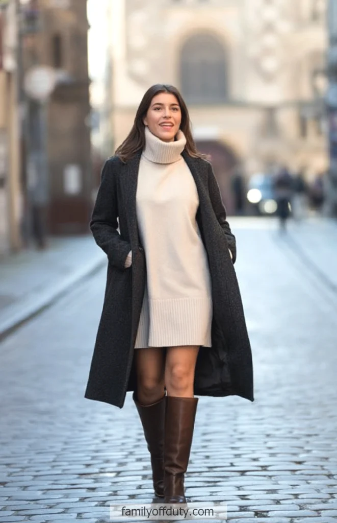 Woman in urban setting wearing a beige sweater dress, long coat, and boots, walking confidently on cobblestone street.