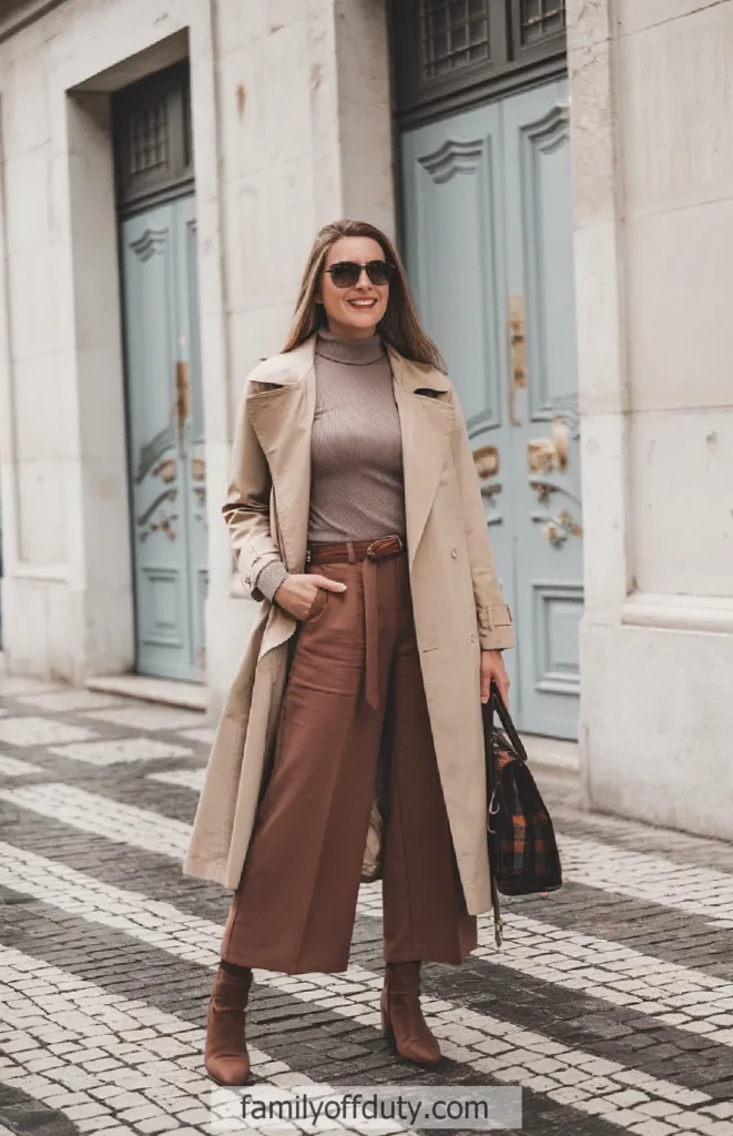 Woman in beige trench coat and sunglasses, smiling on a city street with blue doors in the background.