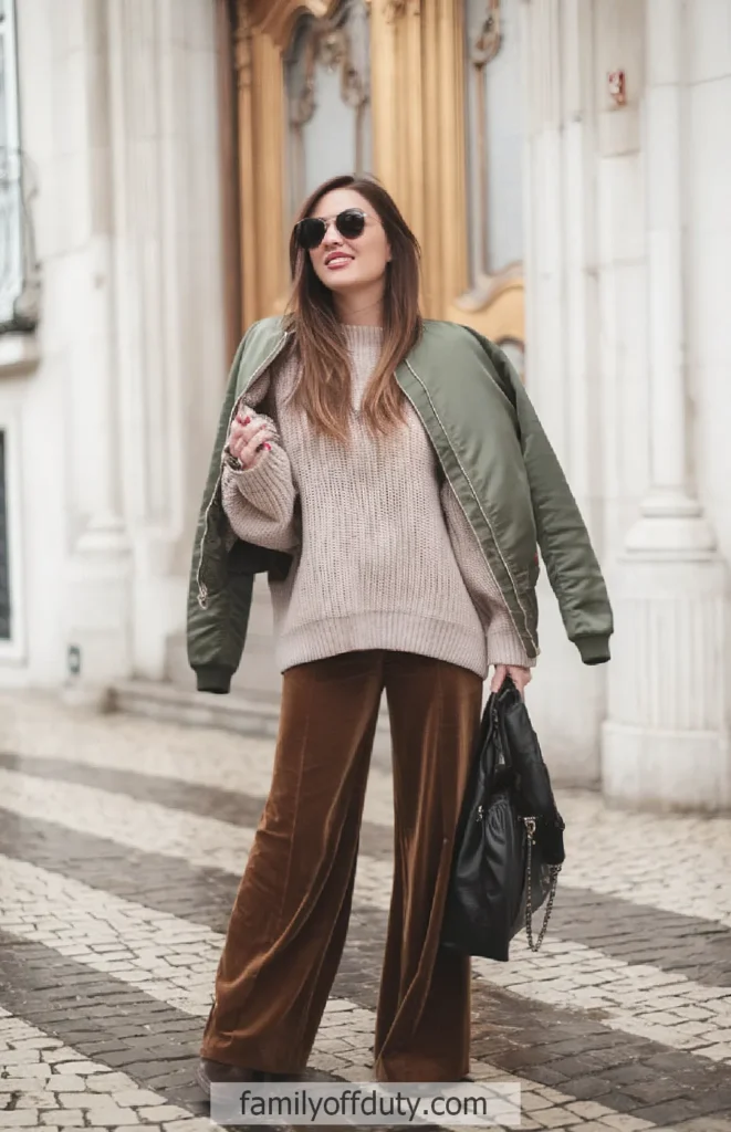 Woman in stylish fall outfit: green jacket, beige sweater, brown pants, black handbag, sunglasses.