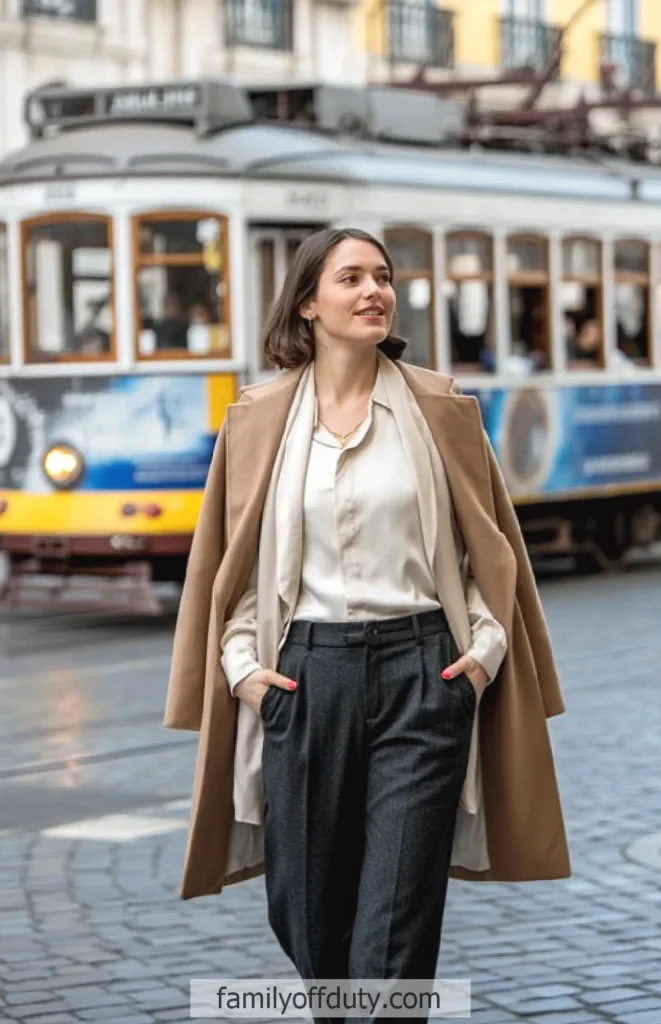 Woman walking confidently in stylish outfit near iconic Lisbon tram.