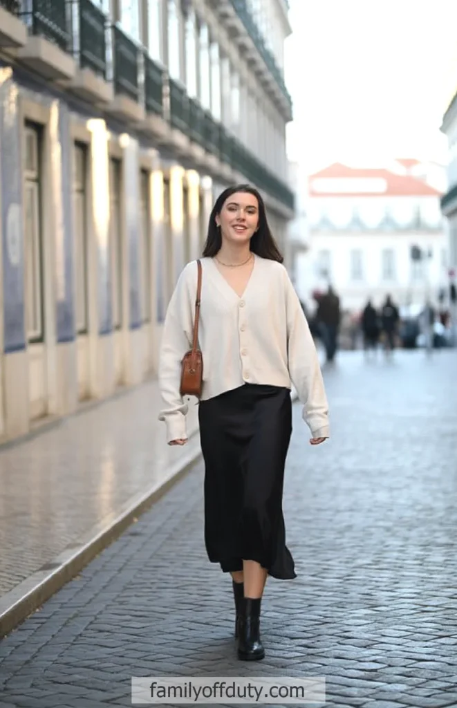 Woman in stylish streetwear walks confidently down a picturesque cobblestone street in the city.