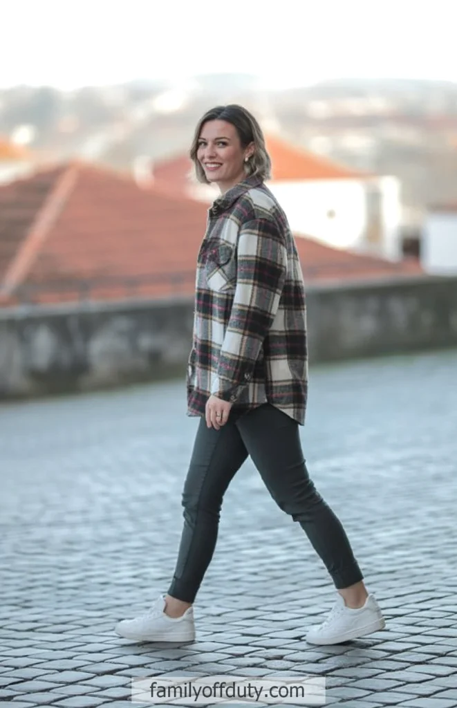 Woman in plaid jacket and white sneakers walks on cobblestone street, smiling, with blurred background.