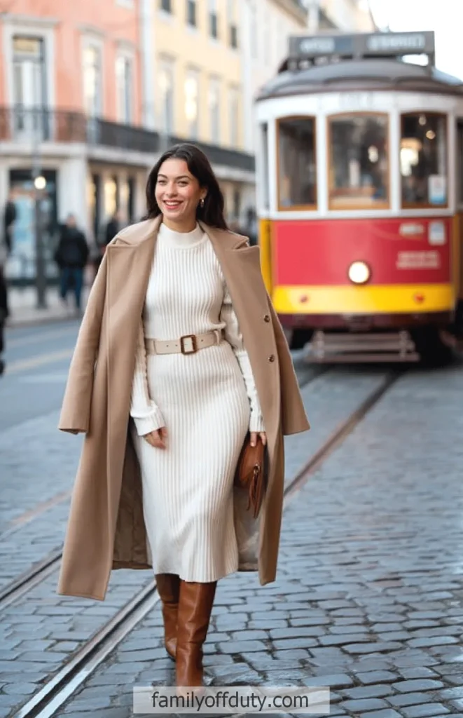 Stylish woman in beige coat walking by a vintage tram on a cobblestone street.
