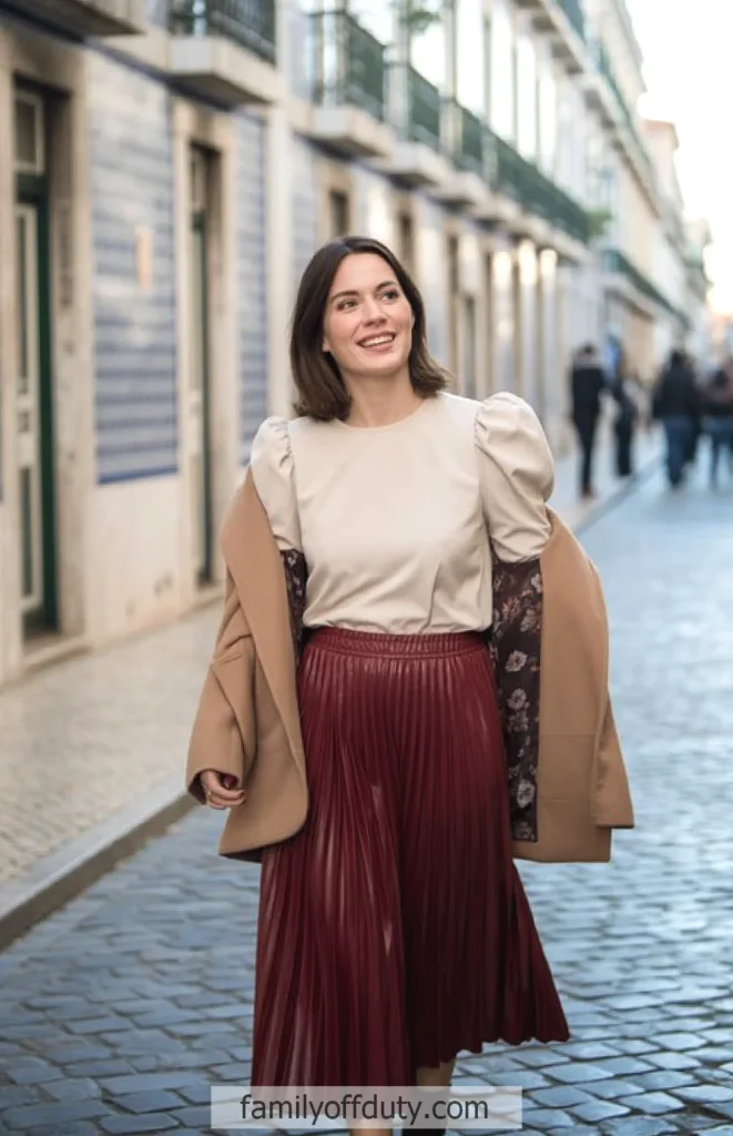 A woman in stylish outfit walking down a cobblestone street, smiling confidently wearing a cream blouse and red skirt.