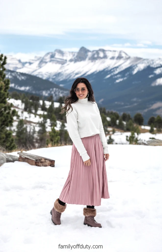 Woman in winter attire smiling in snowy mountain landscape.