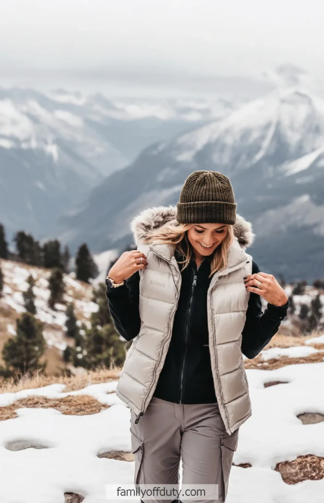 Smiling woman in winter vest and beanie enjoys snowy mountain hike, with snow-covered peaks in the background.