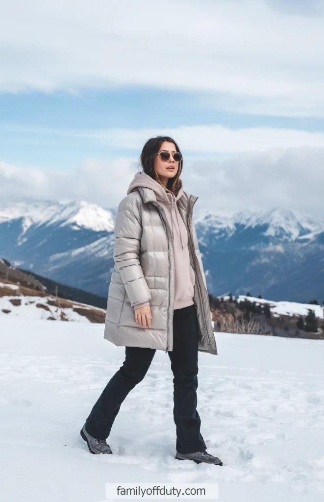 Woman in winter coat walking on snowy mountain with scenic views.