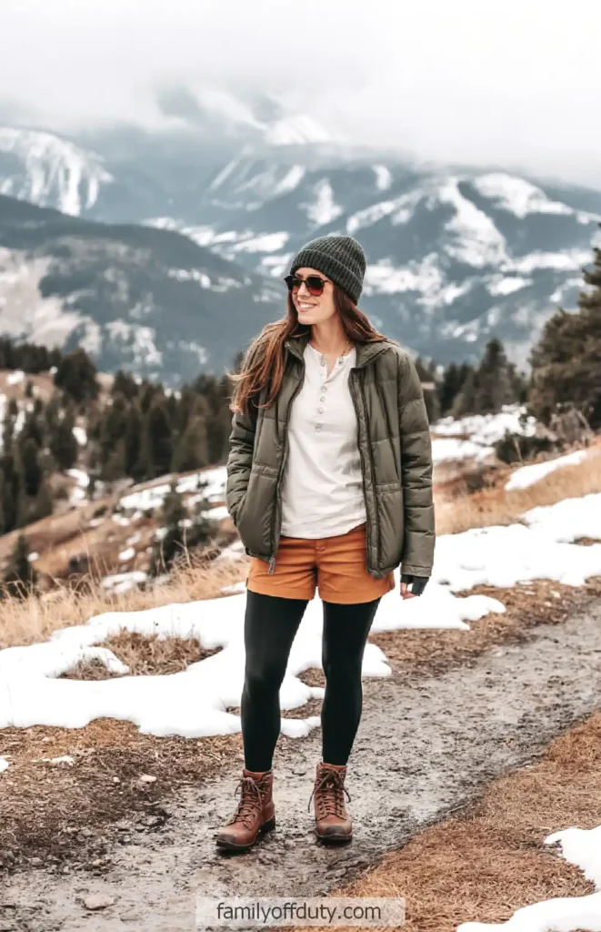 Woman hiking in snowy mountain landscape, wearing winter gear and smiling, with trees and misty peaks in the background.