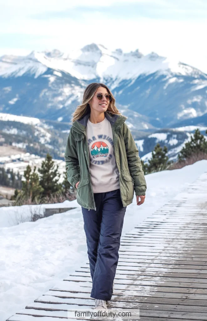 Woman in winter outfit walking on snowy boardwalk with mountains in background.