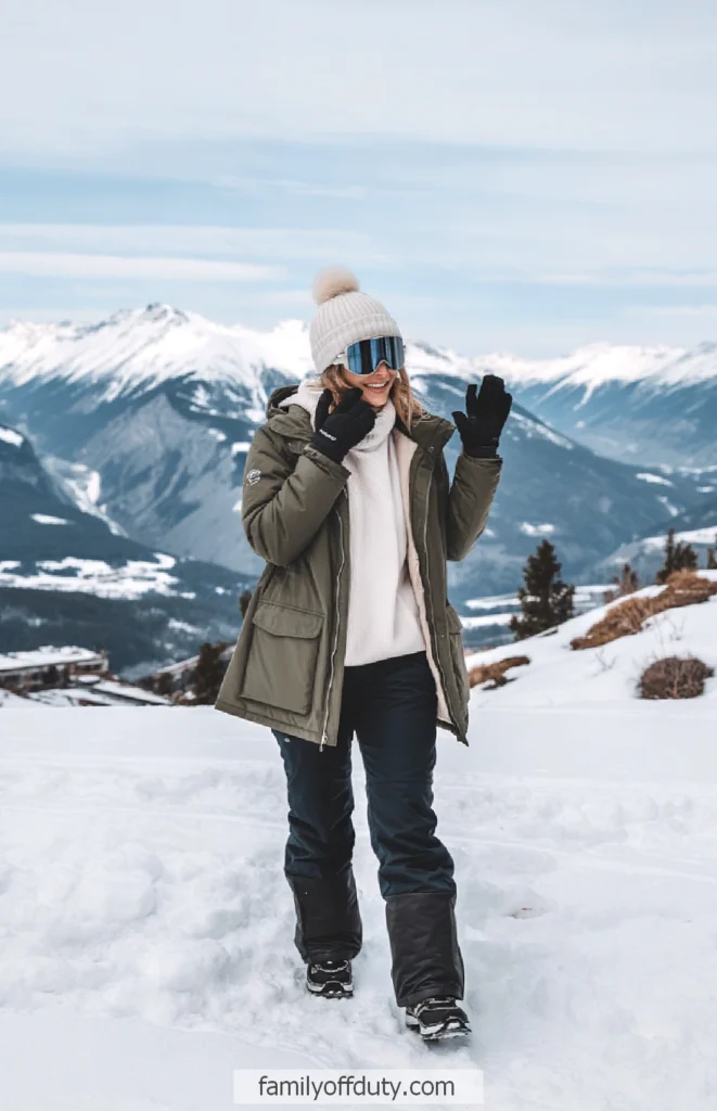 Person enjoying snowy mountain view, dressed in winter gear and goggles.