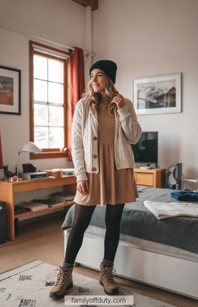 Woman in cozy winter outfit smiles in a warmly decorated bedroom with wooden furniture and mountain artwork.