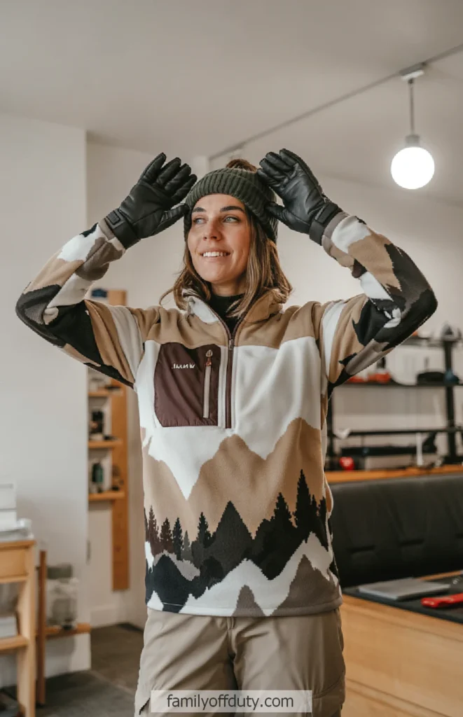 Smiling woman in mountain-patterned fleece and gloves, standing indoors under warm lighting.